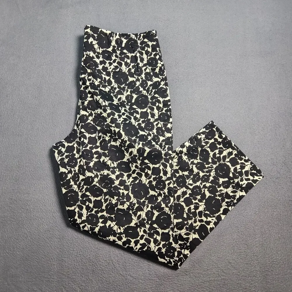 Talbots Heritage Pants Women 12P Black Rose Floral Mid Rise Straight Leg